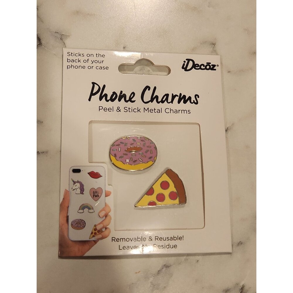 Peel & Stick Phone Charms By IDeCoZ  Easy To Apply & Reuse Metal Pizza & Donut
